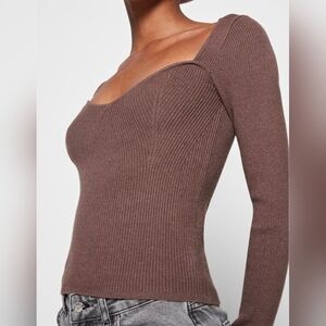 OAK + FORT Ribbed Square-Neck Long Sleeve Top in Chocolate Brown